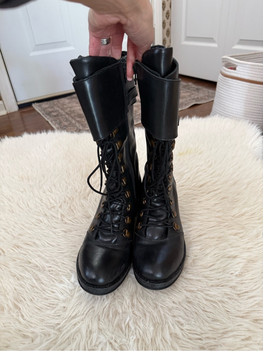 Women's Black Lace-Up Ankle Boots with Fold-Over Cuff